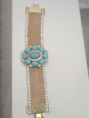 Gold-Tone Turquoise Stone Mesh Bracelet with Crystal Accents